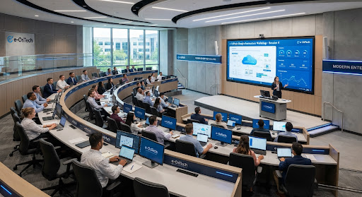 Modern interactive enterprise training amphitheater and technical workshop facility