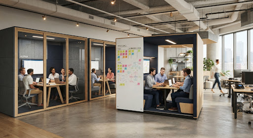 Architecturally styled corporate acoustic agile pods and sprint huddle booths