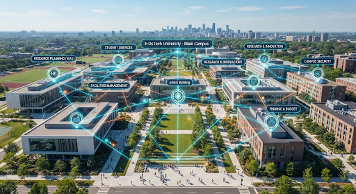 Modern university campus aerial view integrated with digital network visualization
