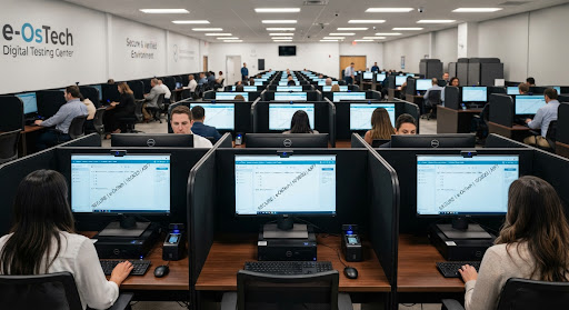 Digital online exam center with rows of secure computer terminals